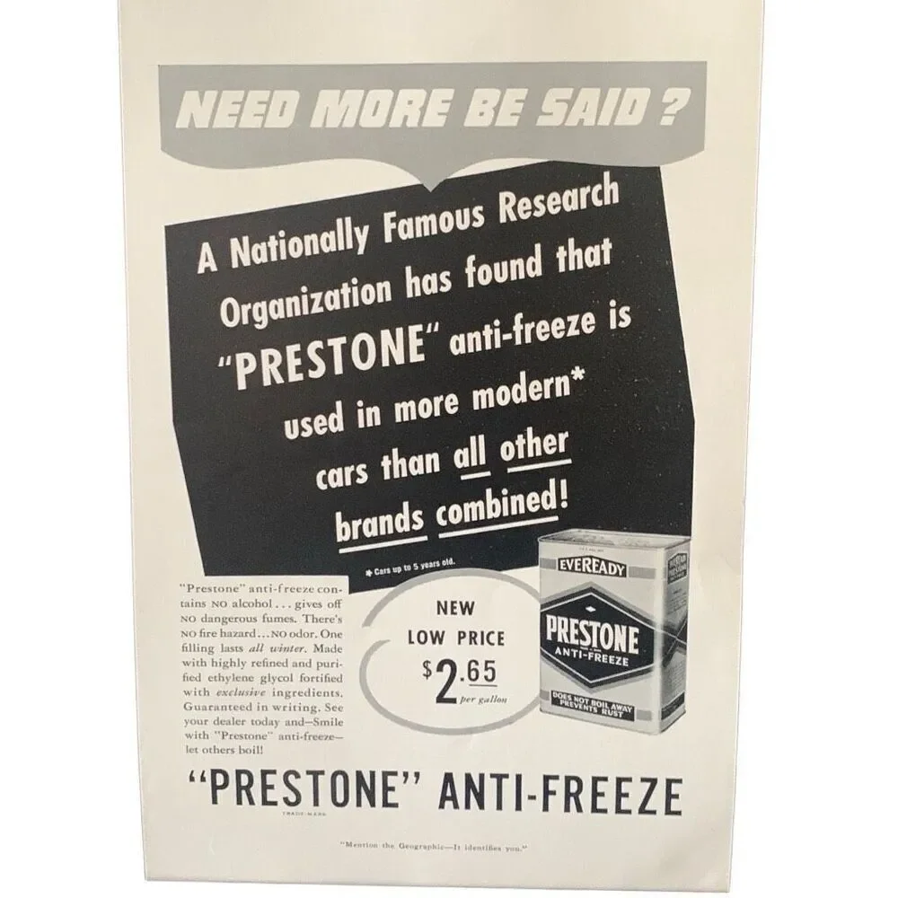 Vintage 1939 Prestone Anti Freeze Need More Be Said Ad Advertisement